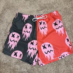 Y2K Ghost Print Split Color Swim Trunks Men's Large Streetwear Graphic Shorts